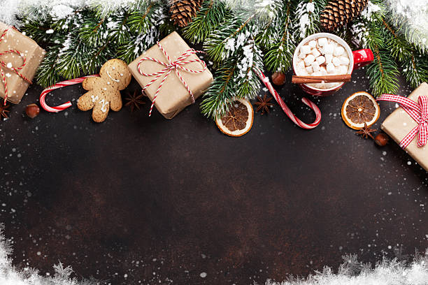 istock Christmas fir tree, hot chocolate and marshmallow 624925138