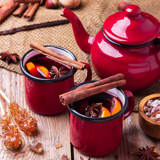 istock Hot mulled wine in a red mug for winter holidays 624925290