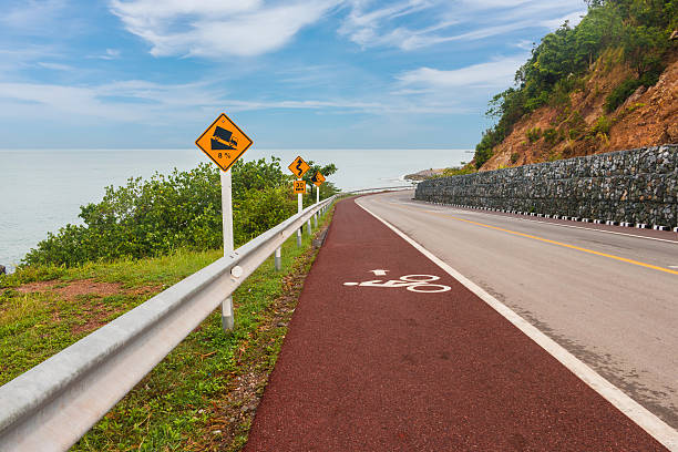 istock The red lane for bicycle on the road between seaside 624925342