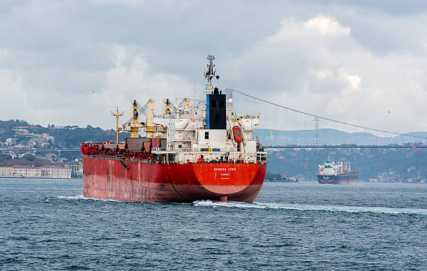 Istanbul, Turkey - November 21, 2016: Bulk carrier cargo ship MV Serene Lydia passing bosphorus. Bosphorus bridge is seen on the background.