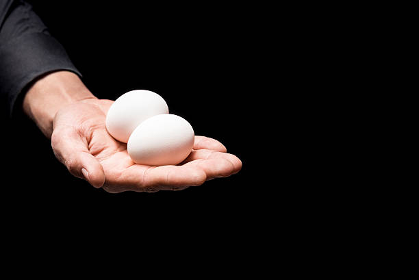 Close up of mans hand holding two eggs