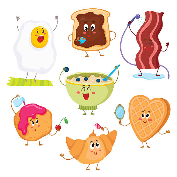 набор милых и смешных персонажей мультфильма завтрак - bread waffle bacon toast stock illustrations