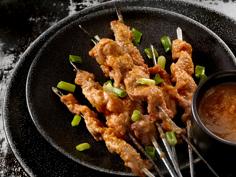 Pork (also looks like Chicken) Skewers with Peanut Sauce and Green onion-Photographed on Hasselblad H3D2-39mb Camera