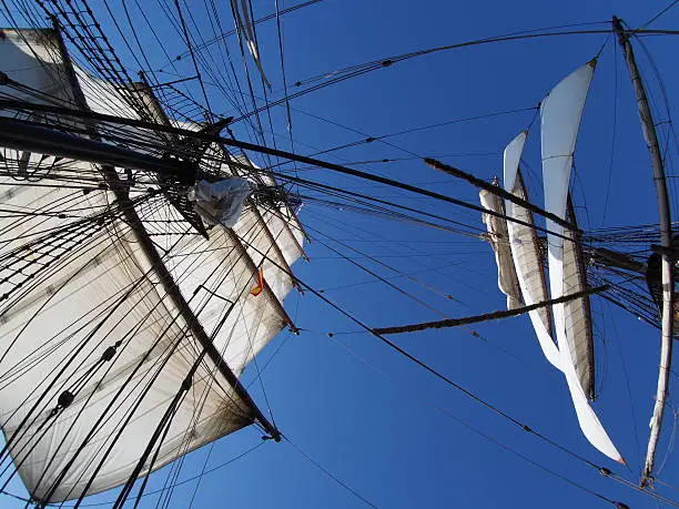 looking up at rigging and sails of a traditional tallship under sail