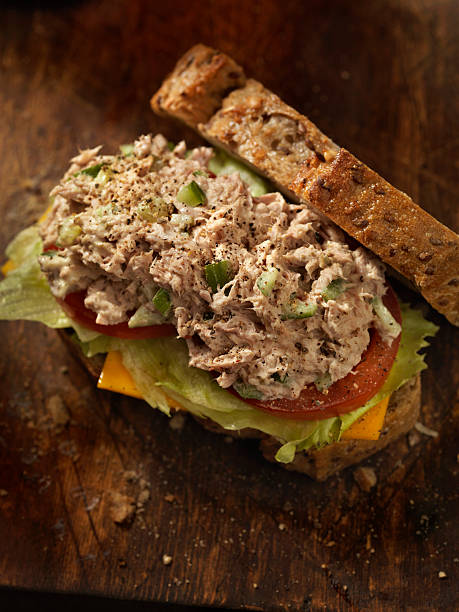 sanduíche de salada de atum com queijo, alface e tomates - tuna salad sandwich - fotografias e filmes do acervo