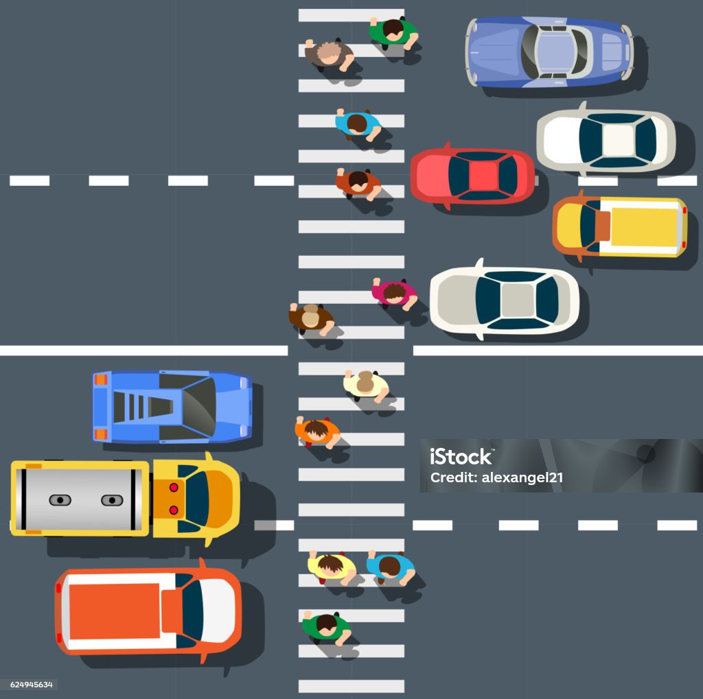 Top view from city Top view from city street with asphalt and transport. People walking down the sidewalk, intersecting the road at a pedestrian crossing. Urban landscape of the big place Asphalt stock vector