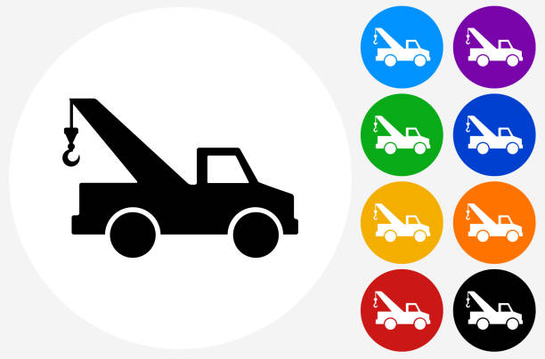 Towing Truck Icon on Flat Color Circle Buttons Towing Truck Icon on Flat Color Circle Buttons. This 100% royalty free vector illustration features the main icon pictured in black inside a white circle. The alternative color options in blue, green, yellow, red, purple, indigo, orange and black are on the right of the icon and are arranged in two vertical columns. indigo truck stock illustrations