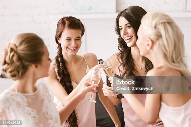 Joyful Bride And Bridesmaids Having Party At Home Stock Photo - Download Image Now - Party - Social Event, Wedding, Bachelorette Party