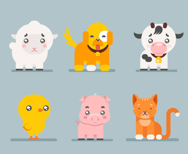 ilustrações de stock, clip art, desenhos animados e ícones de cute farm animals cartoon flat design icons set character vector - chicken animal foot farm store