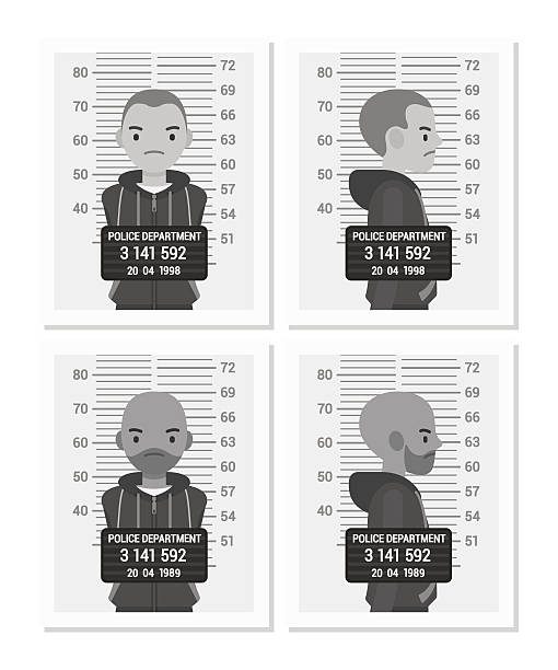 Set of balck and white male mugshots Set of balck and white male mugshots taken after arrest. Cartoon vector flat-style concept illustration balck stock illustrations
