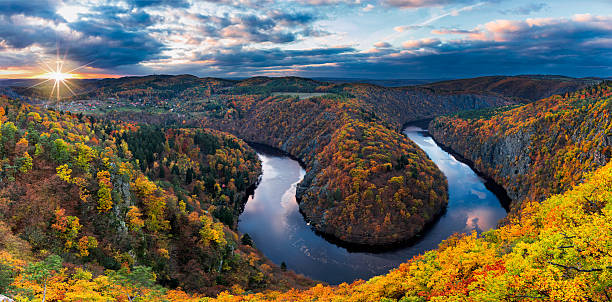 istock Panoramic view of river canyon with dark water 624956670