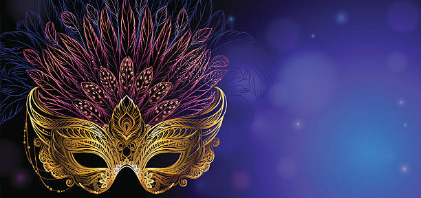 ilustraciones, imágenes clip art, dibujos animados e iconos de stock de máscara dorada de carnaval con plumas. - vector costume party feather