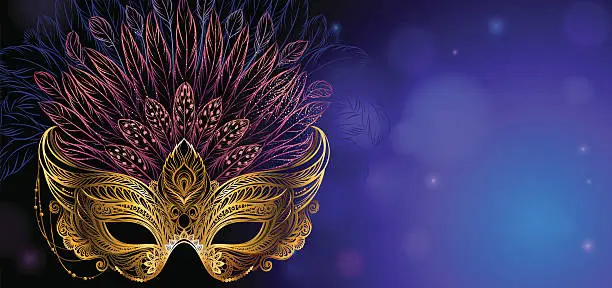 Vector illustration of Golden carnival mask with feathers.