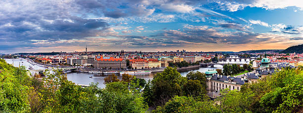 istock Prague sunset panorama city skyline and Charles Bridge 624957256