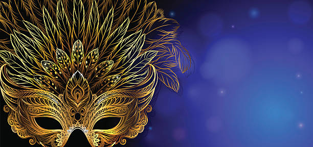 Golden carnival mask with feathers. Vector Illustration. Golden carnival mask with feathers. Beautiful сoncept design for greeting card, invitation, banner or flyer. evening ball stock illustrations