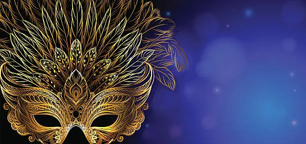 Vector illustration of Golden carnival mask with feathers.