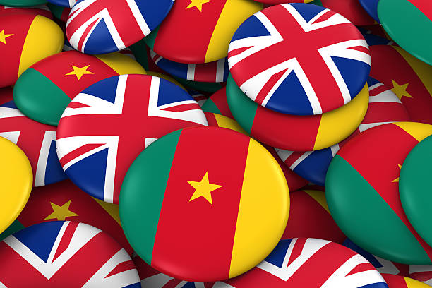 istock Cameroon and UK Flag Badges Background 624958928
