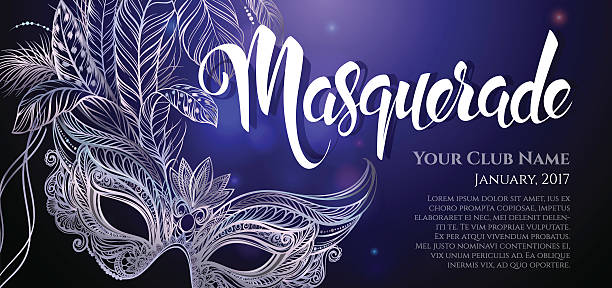 Silver carnival mask with feathers Vector Illustration. Silver carnival mask with feathers. Beautiful concept design with hand drawn lettering "Masquerade" for greeting card, party invitation, banner or flyer. carnival costume stock illustrations