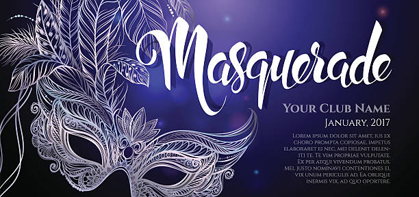 Silver carnival mask with feathers Vector Illustration. Silver carnival mask with feathers. Beautiful concept design with hand drawn lettering "Masquerade" for greeting card, party invitation, banner or flyer. fancy dress costume stock illustrations