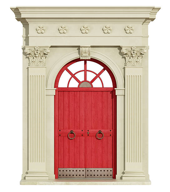istock Front view of a classic arch with red door 624959180