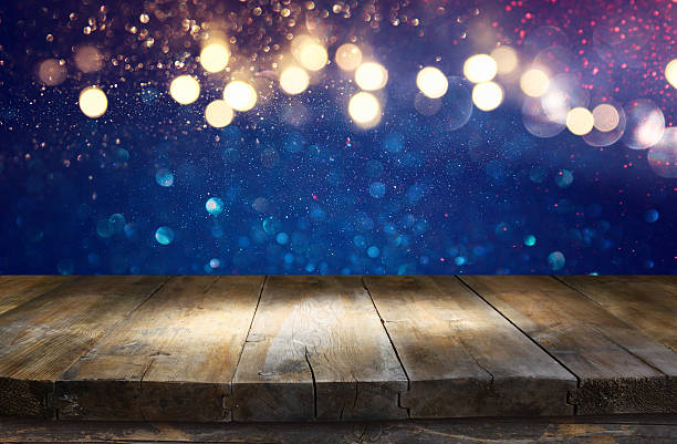 istock Empty table in front of blue glitter lights background 624959684