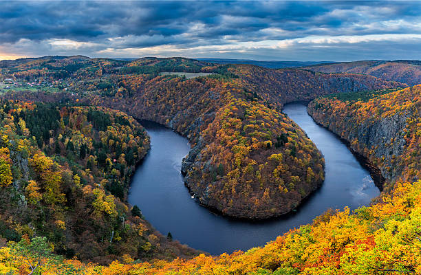 istock Vltava river horseshoe shape meander from Maj viewpoint, Czech Republic 624964522