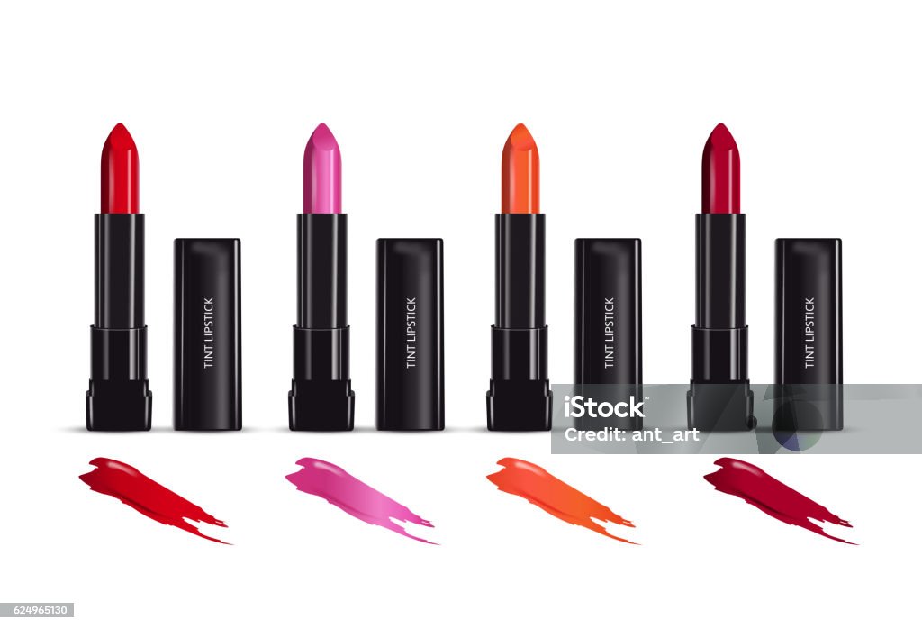 Vector illustration realistic tint lipstick and its container. Lipstick in different color of container. Vector illustration realistic tint lipstick and its container. Lipstick stock vector