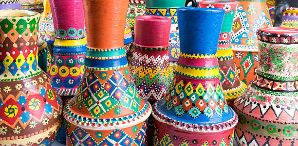 istock Front view of artistic decorated painted clorful handcrafted pottery vases 624965744