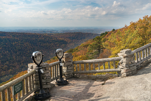 Close up of coin operated binoculars or telescope at Coopers Rock State park near Morgantown in fall colors