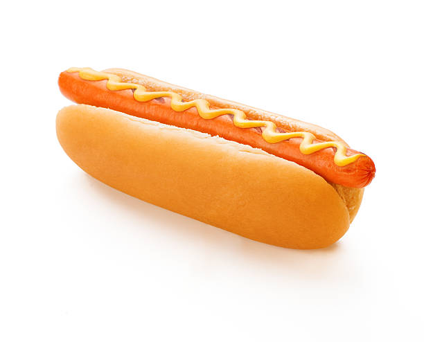 istock Barbecue Grilled Hot Dog with Yellow Mustard on white background 624967210