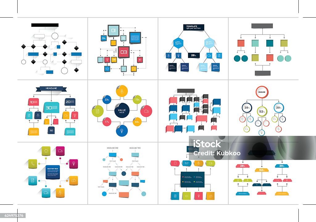 Mega-Satz von verschiedenen Flussdiagrammen, Diagrammen. Einfach farblich editierbar - Lizenzfrei Flussdiagramm Vektorgrafik