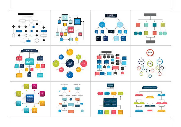 Vector illustration of Mega set of various  flowcharts schemes, diagrams. Simply color editable