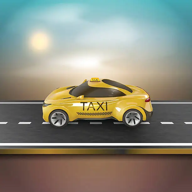 Vector illustration of Yellow taxi car on the blurred background. Vector Illustration