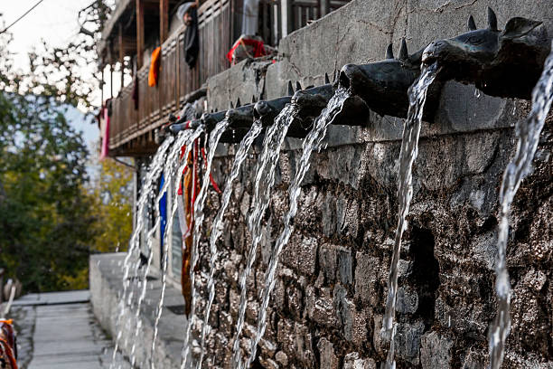 fonte de parede, água fluindo através de bicos em forma de animal. - muktinath - fotografias e filmes do acervo