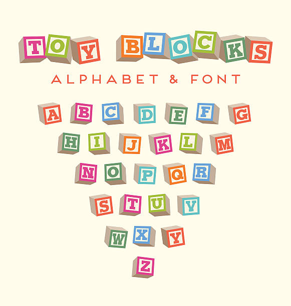 spielzeug baby blöcke schrift alphabet in hellen farben - kinder bauklötze stock-grafiken, -clipart, -cartoons und -symbole
