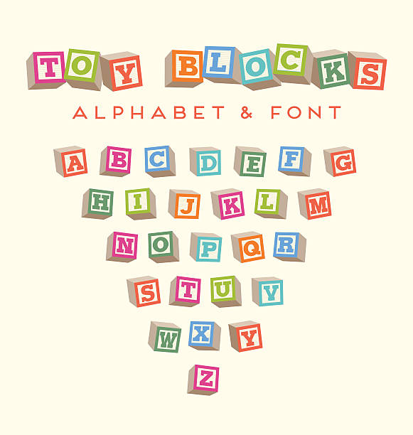 illustrations, cliparts, dessins animés et icônes de toy baby bloque l’alphabet des polices dans des couleurs vives - bébé cubes