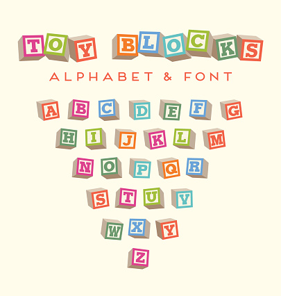 Toy baby blocks font alphabet for lettering designs. 3-dimensional blocks in bright colors.