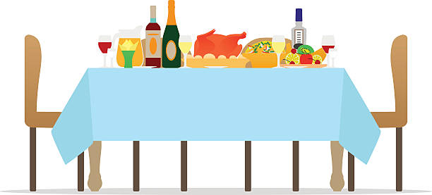 Vector table for festive holiday romantic dinner Vector illustration table for festive holiday romantic dinner. Banquet table with drinks and eating fruit. Flat style. Isolated on white background. Decorating feast dinner with various dishes. buffet illustrations stock illustrations