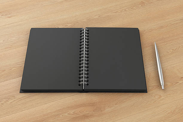 istock Blank facing pages of notebook on a spring and pen 624988496