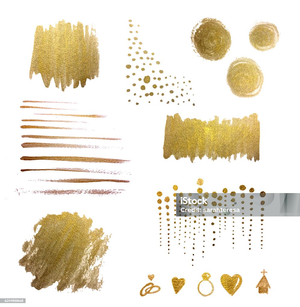 Watercolor Design Elements and Backgrounds, Gold, Hand-painted, Metallic, Watercolor Brush Strokes Watercolor Design Elements, Gold, Hand-painted, Watercolor Brush Strokes, Hand-painted. Shiny metallic gold leaf design elements on watercolor paper. Circles, Stripes, Brush strokes, dots, polka dots, lines, wedding icons, and paint areas. Metallic look, abstract shapes, hand-painted with gold leaf liquid metallic paint. Awesome use in wedding invitations, event invitations, and advertising. Gold, shiny, metallic, textured background design element.  Gold - Metal Stock Photo