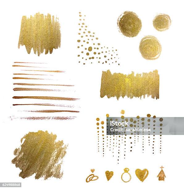 Watercolor Design Elements And Backgrounds Gold Handpainted Metallic Watercolor Brush Strokes Stock Photo - Download Image Now