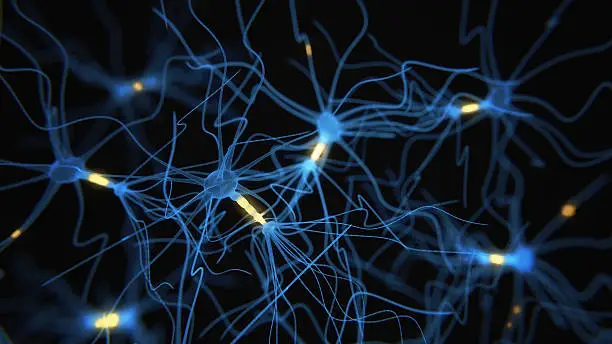 Neuron cells network - 3d rendered image on black background