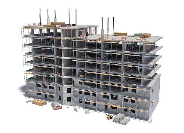 istock Rendering of building under construction with scaffolding and different equipment. 624990670