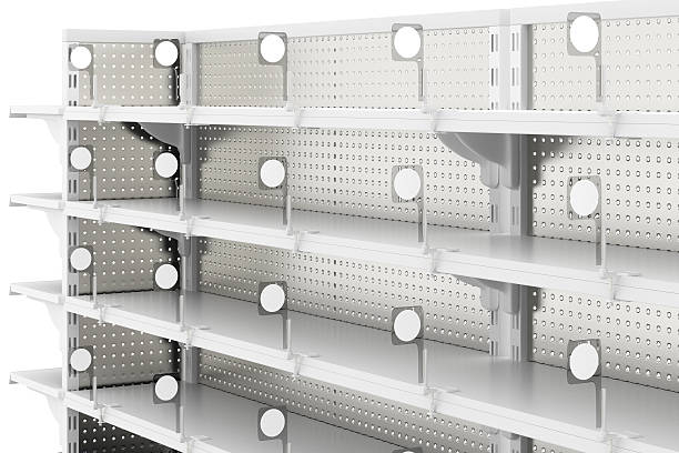 istock Empty supermarket shelves isolated on white background. Include clipping path. 624991646