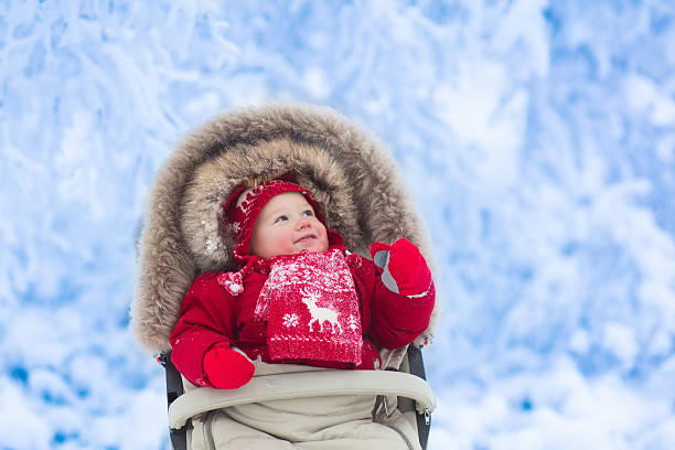 istock Laughing baby in stroller in winter park with snow 624991760