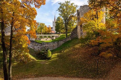 Autumn park with old castle ruins in Cesis town, Latvia