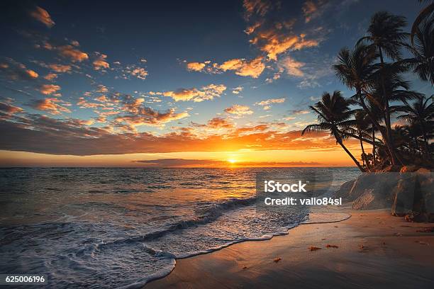 Photo libre de droit de Lever De Soleil Sur Une Île Tropicale Palmiers Sur Plage De Sable Fin banque d'images et plus d'images libres de droit de Coucher de soleil