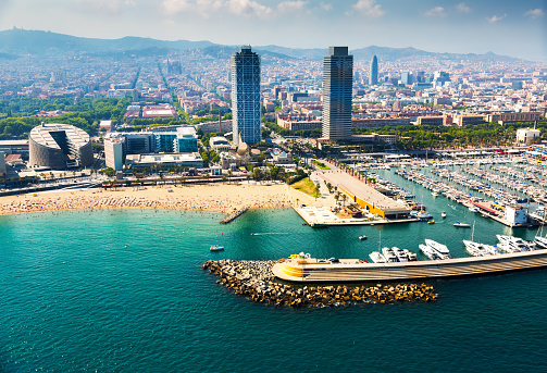 aerial view of docked yachts in Port. Barcelona, Spain