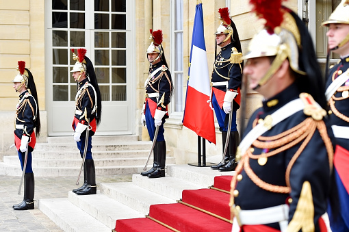 Paris, France - June 10, 2016: Hotel Matignon Republican Guards of honor during a welcome ceremony. Matignon is the official residence of the Prime Minister of France.