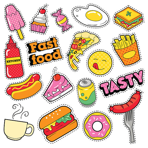 illustrazioni stock, clip art, cartoni animati e icone di tendenza di badge fast food, patch, adesivi con hamburger per stampe - coffee donut old fashioned snack